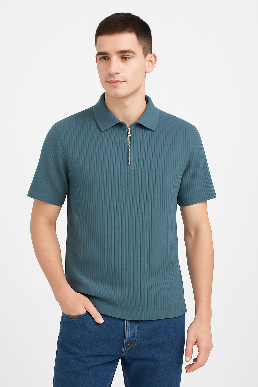 "Premium Frill Fabric Half Zip Collar T-shirt - gray Edition for casual and daily wear