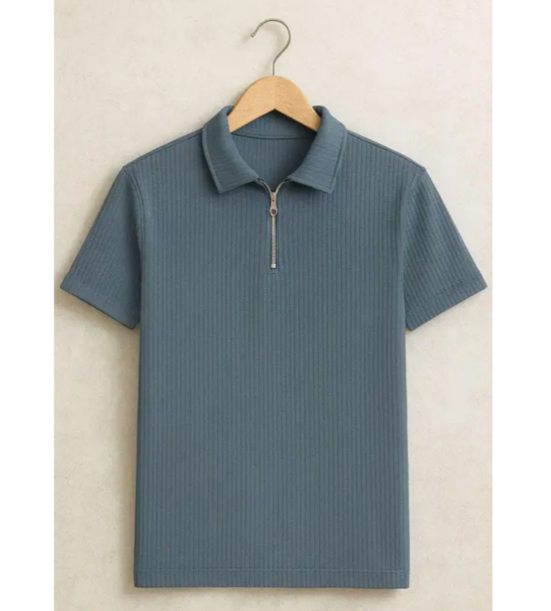 "Premium Frill Fabric Half Zip Collar T-shirt - gray Edition for casual and daily wear