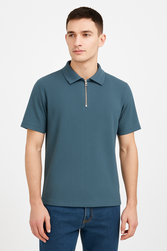 "Premium Frill Fabric Half Zip Collar T-shirt - gray Edition for casual and daily wear