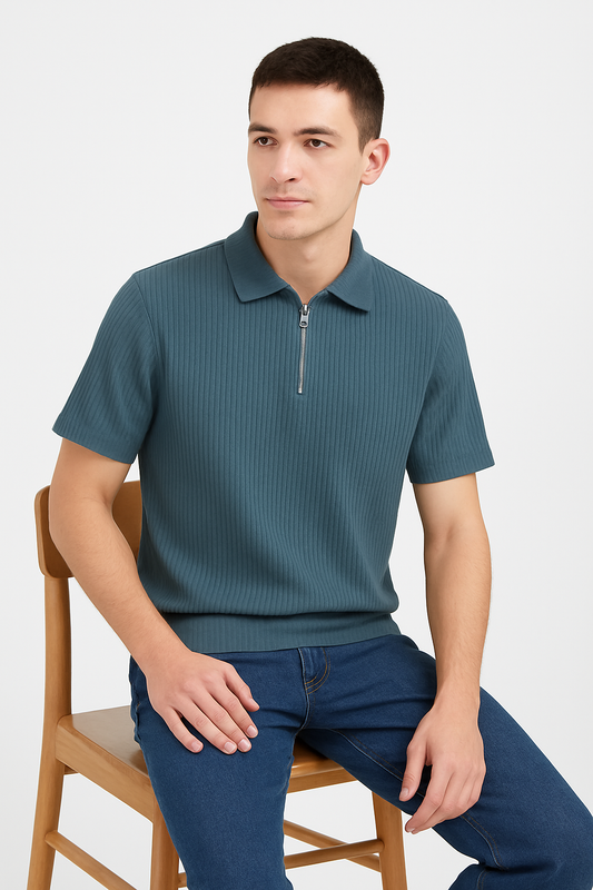 "Premium Frill Fabric Half Zip Collar T-shirt - gray Edition for casual and daily wear